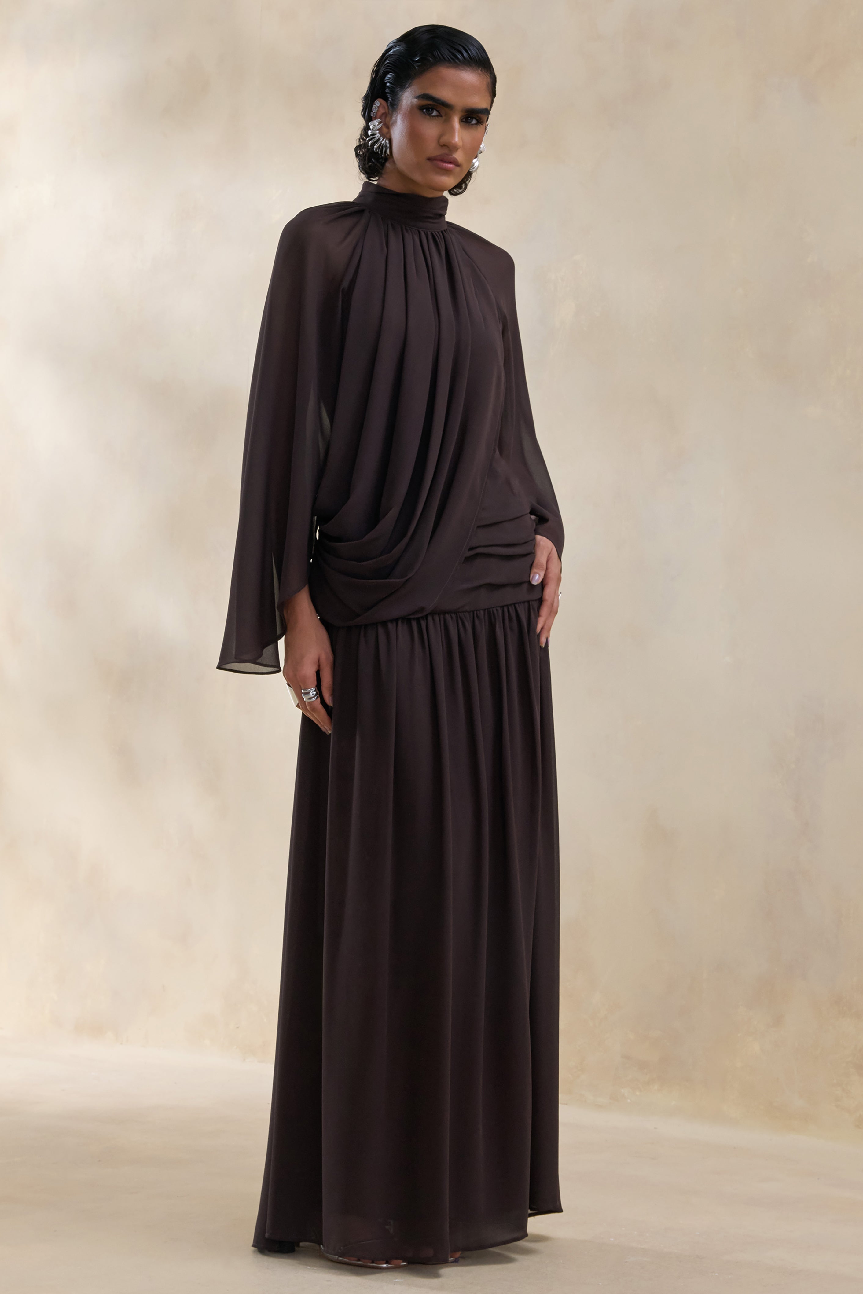 Narella | Brown Chiffon High-Neck Maxi Dress With Draped-Detailing