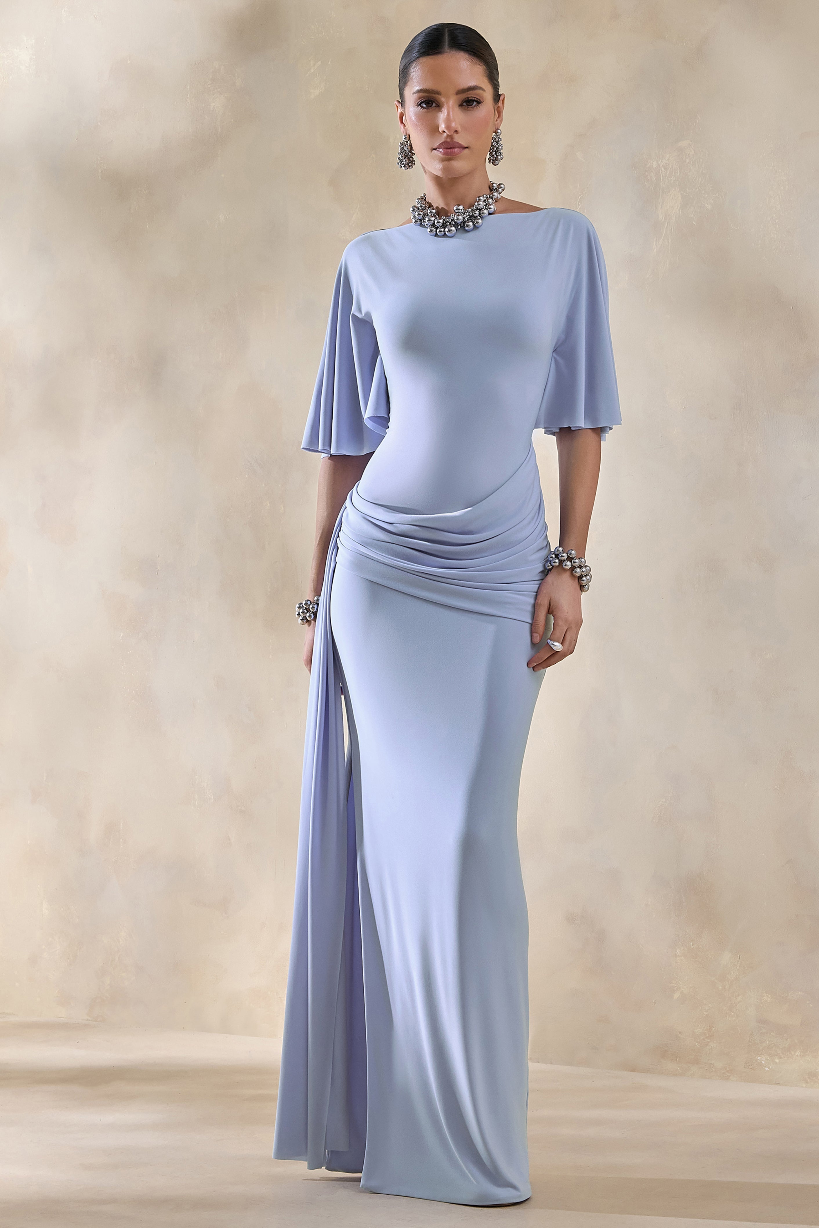 Emerelle | Powder Blue Wide-Neck Maxi Dress With Sash And Draped-Detailing