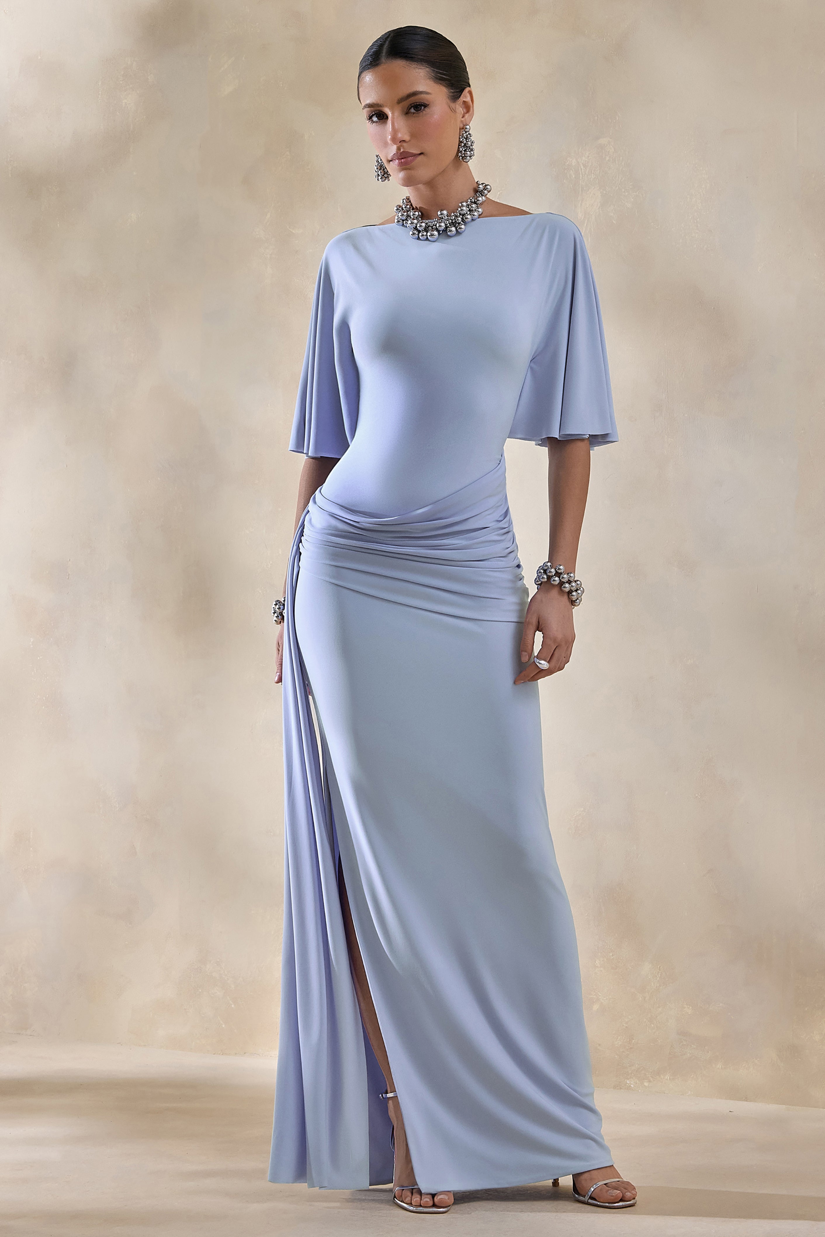 Emerelle | Powder Blue Wide-Neck Maxi Dress With Sash And Draped-Detailing