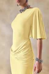 Emerelle | Lemon Wide-Neck Maxi Dress With Sash And Draped-Detailing
