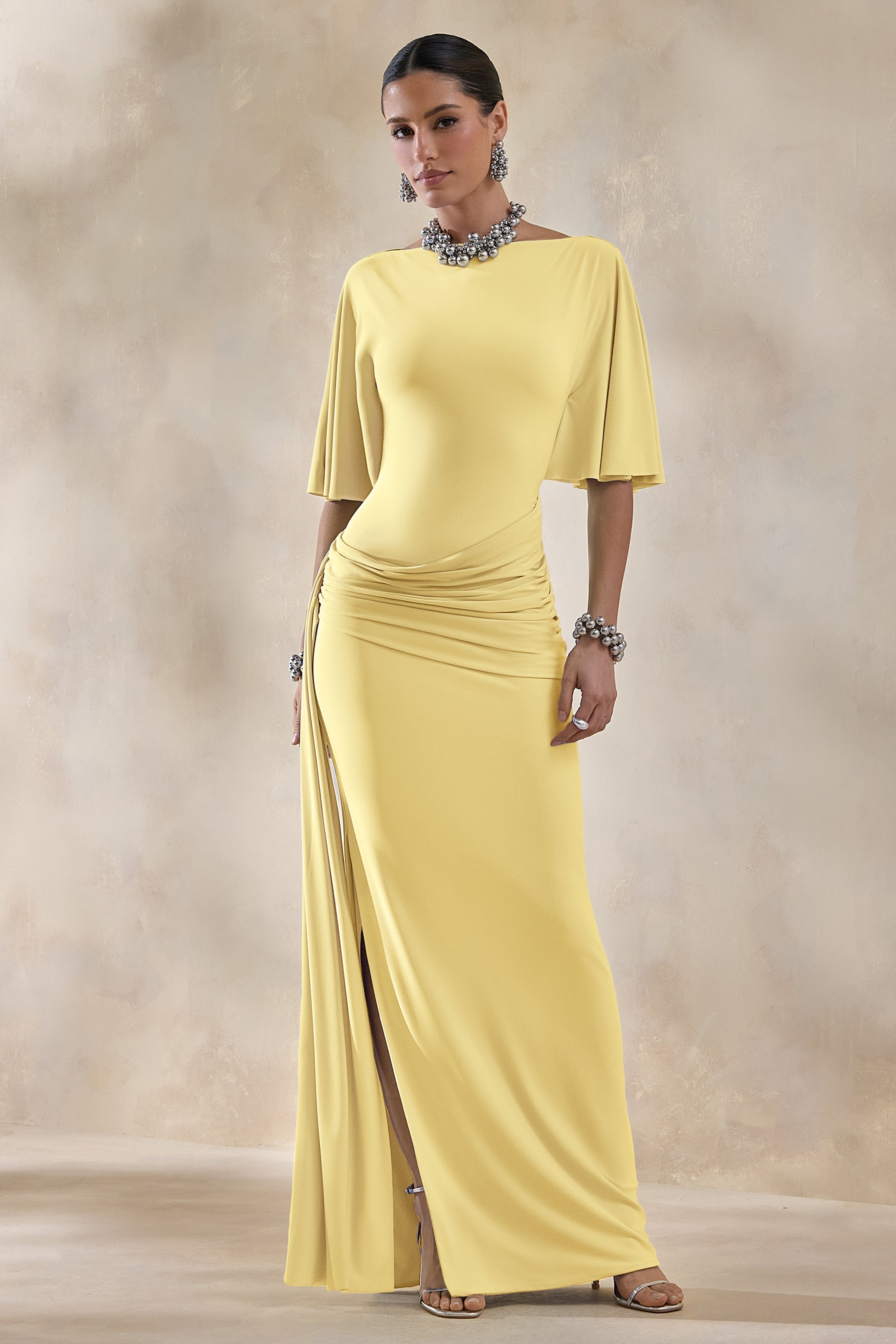Emerelle | Lemon Wide-Neck Maxi Dress With Sash And Draped-Detailing