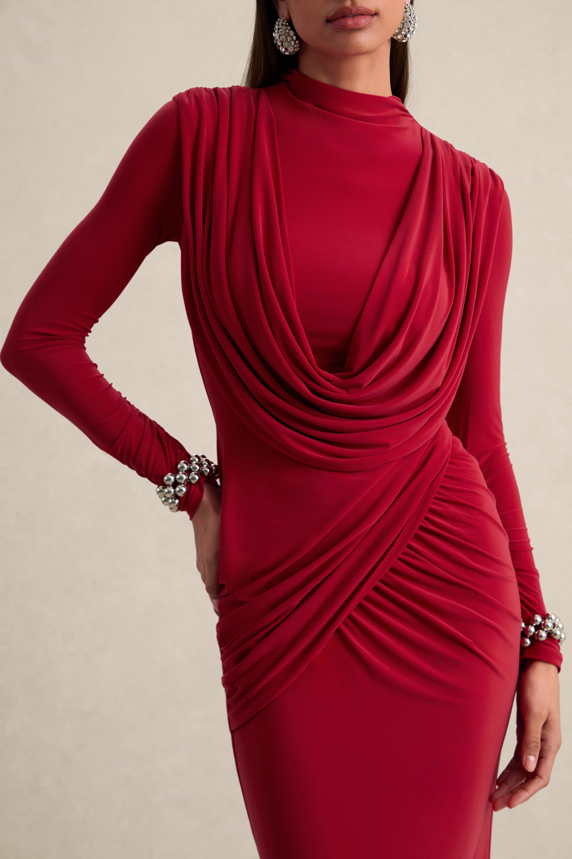 Karinthia | Red High-Neck Maxi Dress With Draped-Detailing