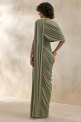 Gisara | Olive High-Neck Maxi Dress With Sash And Draped-Detailing