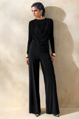 Raniella | Black High-Neck Top With Gathered And Draped-Detailing