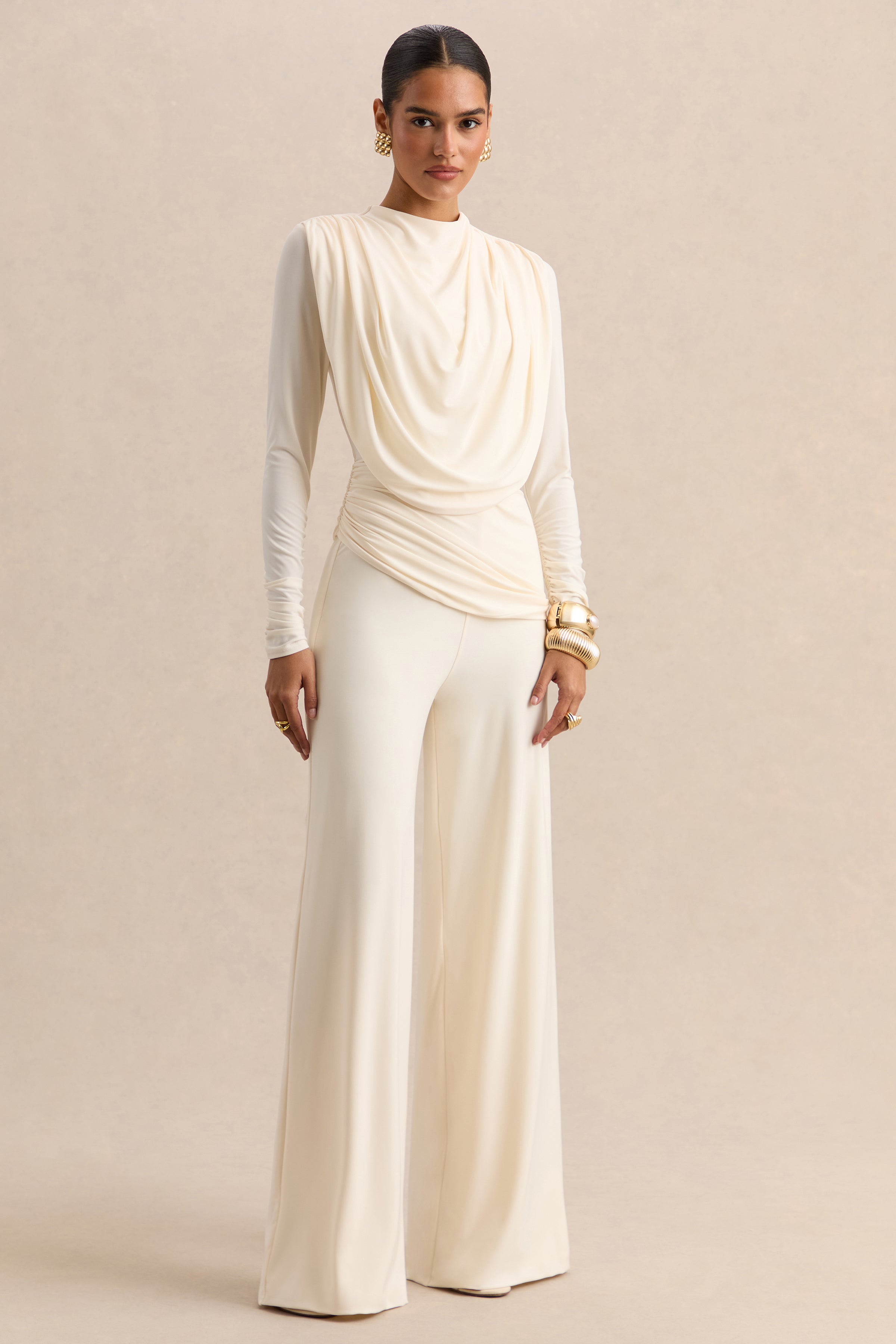 Raniella | White High-Neck Top With Gathered And Draped-Detailing