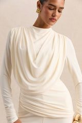Raniella | White High-Neck Top With Gathered And Draped-Detailing