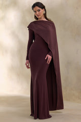 Salenne | Brown Wide-Neck Maxi Dress With Satin Asymmetric-Cape