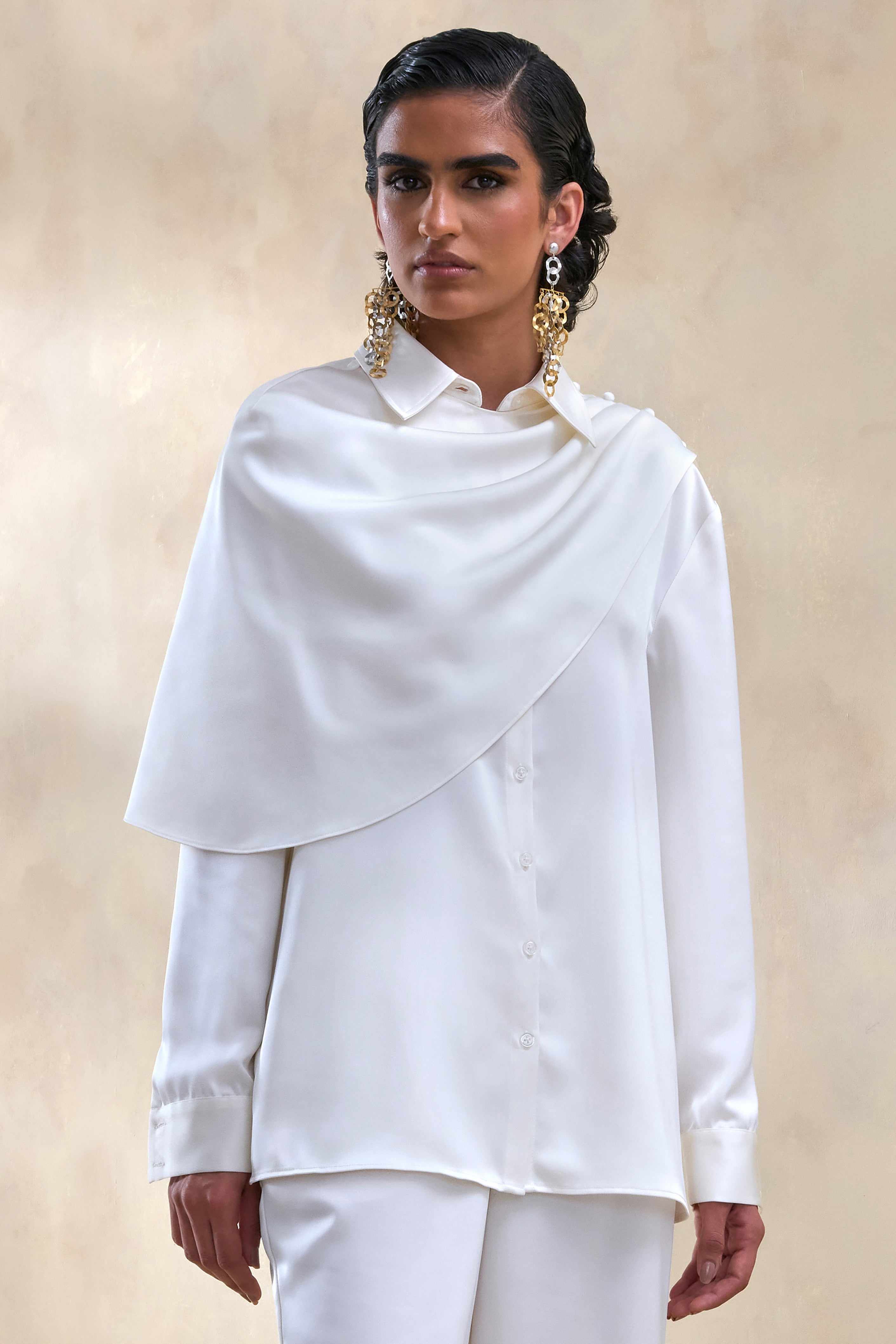 Serenza | Cream Satin Collared-Shirt With Cape-Detail