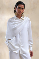 Serenza | Cream Satin Collared-Shirt With Cape-Detail