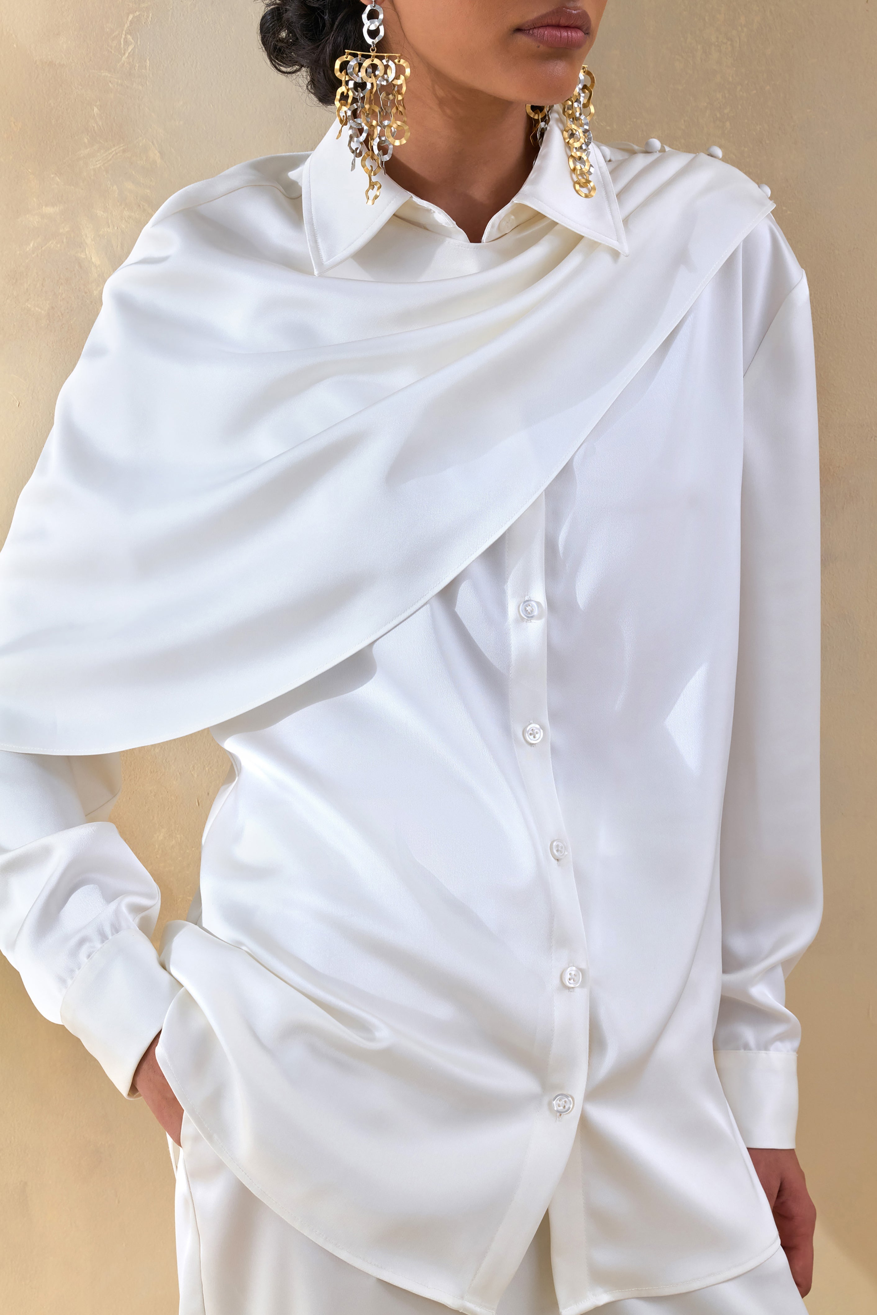Serenza | Cream Satin Collared-Shirt With Cape-Detail