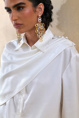 Serenza | Cream Satin Collared-Shirt With Cape-Detail