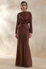 Elaria | Brown Satin Maxi-Skirt