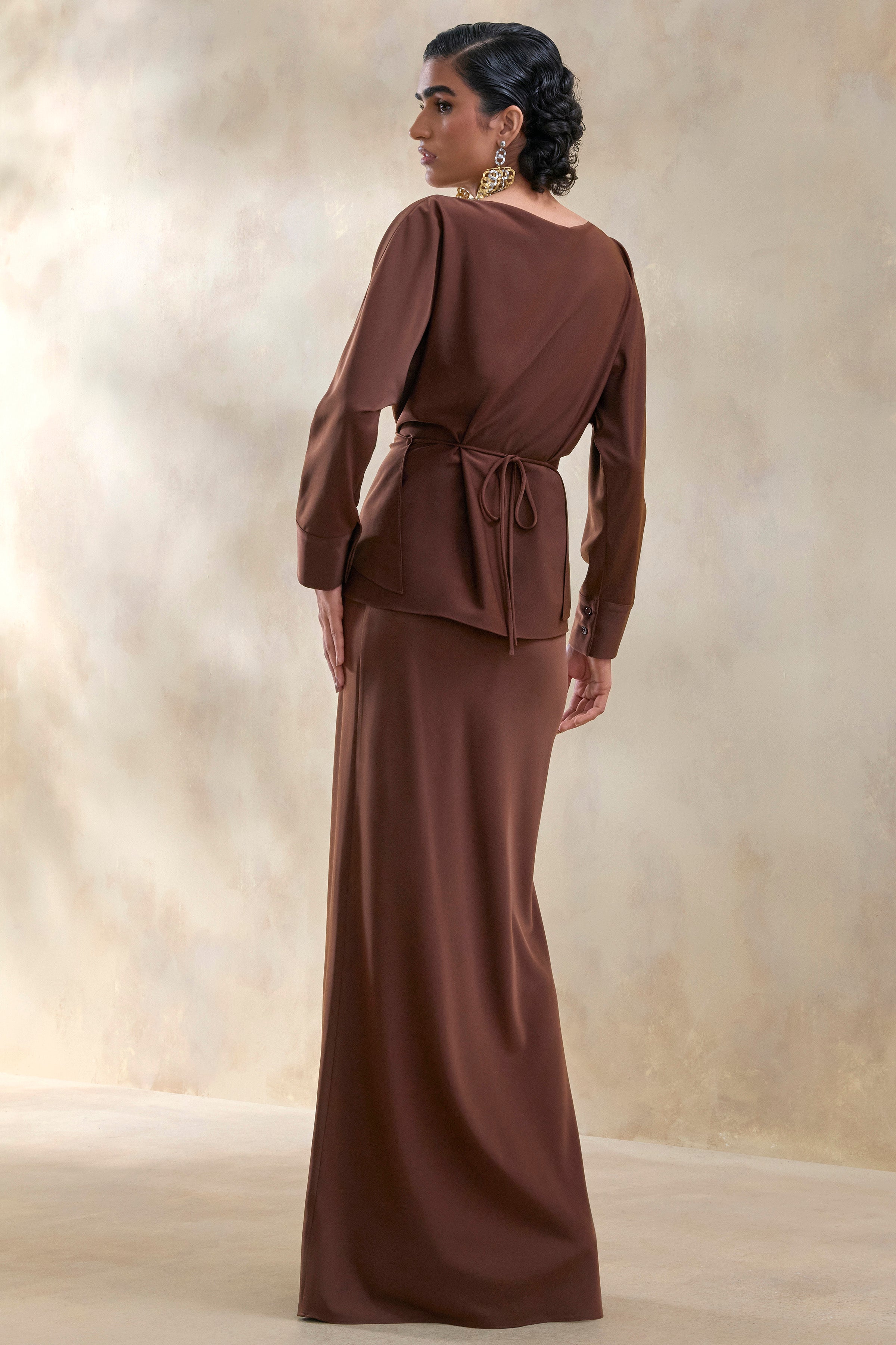 Elaria | Brown Satin Maxi-Skirt