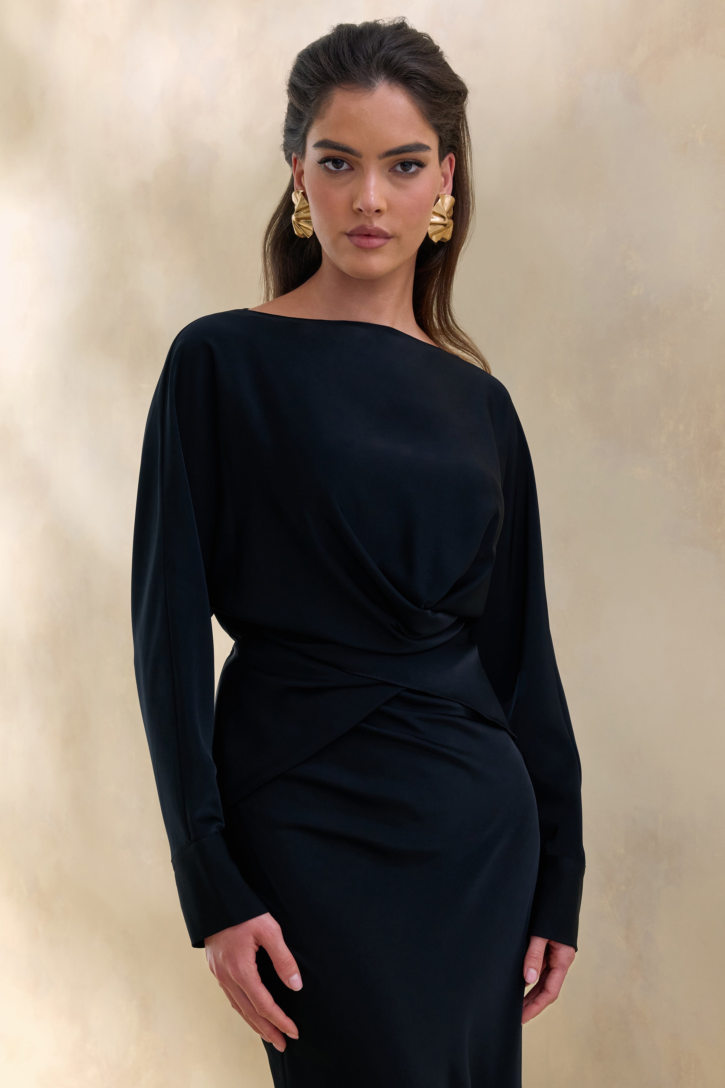 Miravia | Black Satin Wide-Neck Long-Sleeve Top