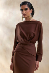 Miravia | Brown Satin Wide-Neck Long-Sleeve Top