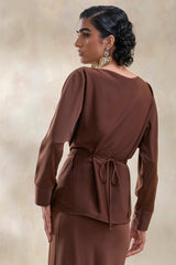 Miravia | Brown Satin Wide-Neck Long-Sleeve Top