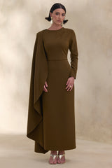Jovea | Olive Round-Neck Maxi Dress With Cape-Sleeve