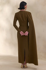 Jovea | Olive Round-Neck Maxi Dress With Cape-Sleeve
