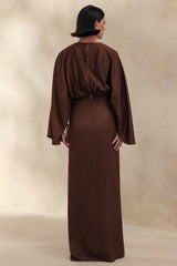 Delphina | Brown Satin Maxi Dress With Gathered And Knot-Detail