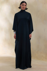 Lumisette | Black Satin High-Neck Maxi Dress With Cape
