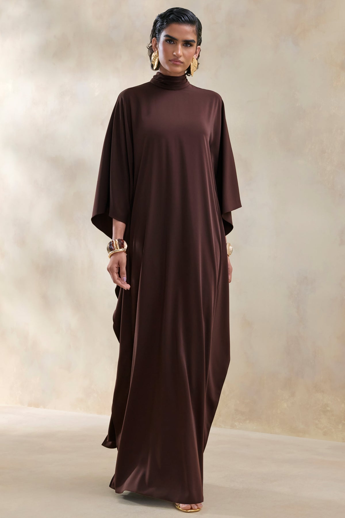Lumisette | Brown Satin High-Neck Maxi Dress With Cape