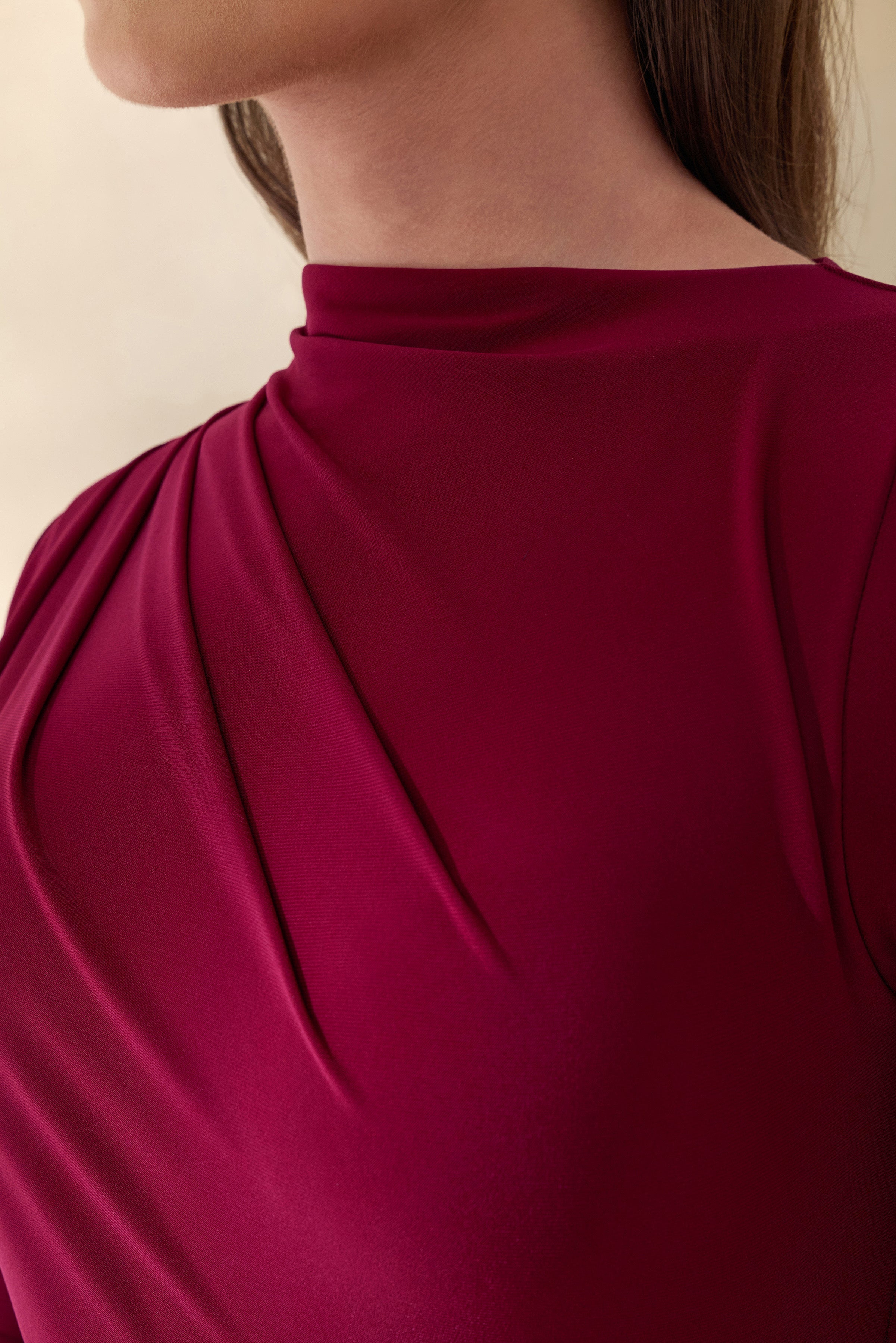Karessa | Berry High-Neck Maxi Dress With Gathered Detailing And Front-High Split