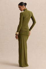 Ambrette | Olive High-Neck Maxi Dress With Gathered-Detailing