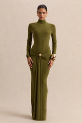 Ambrette | Olive High-Neck Maxi Dress With Gathered-Detailing