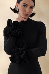 Jaselle | Black High-Neck Maxi Dress With Ruffled Satin-Cuffs