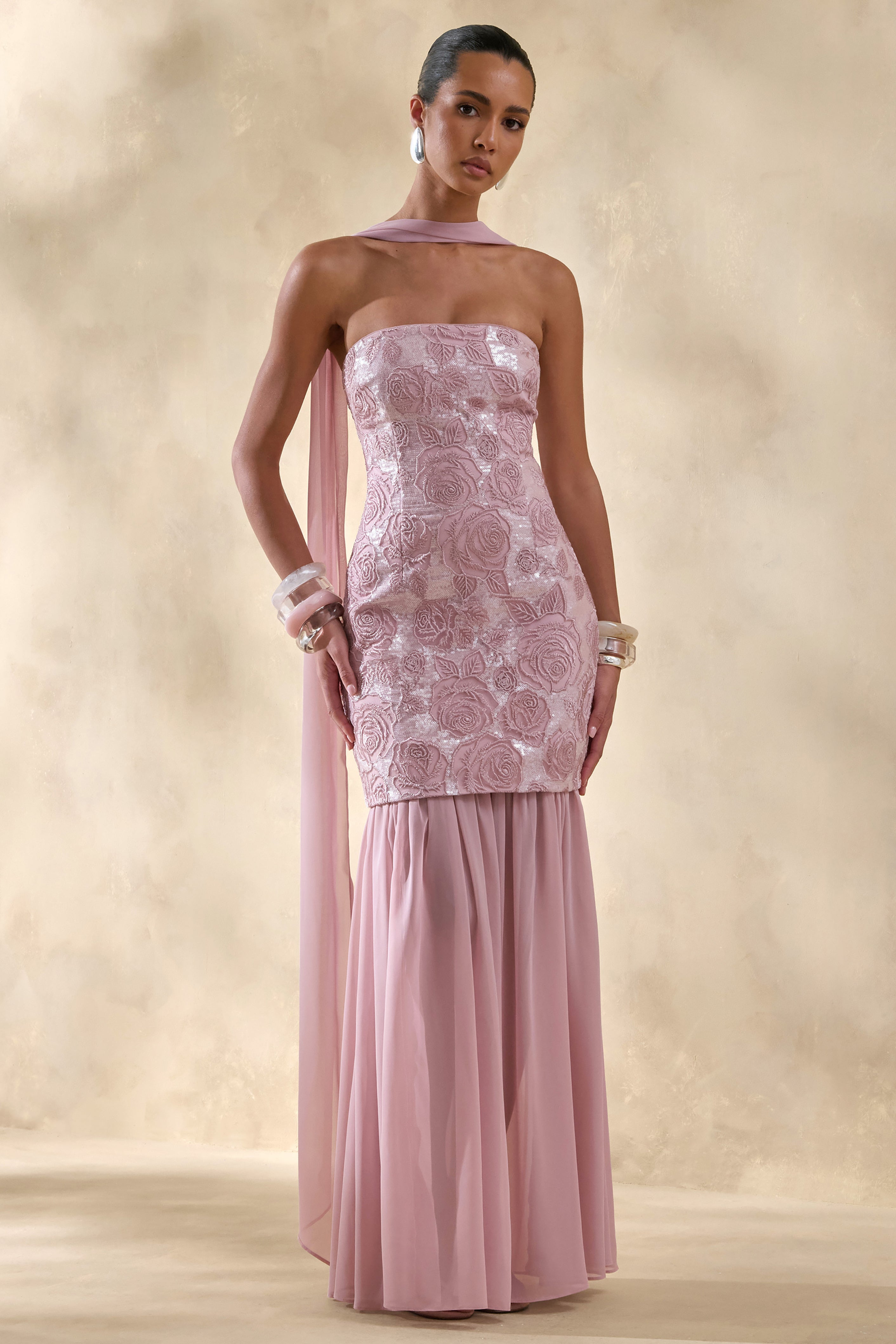 Meraly | Pink Sequin Bandeau Maxi Dress With Scarf-Detail