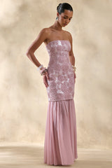 Meraly | Pink Sequin Bandeau Maxi Dress With Scarf-Detail