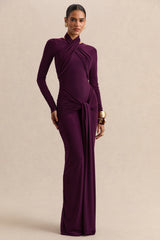 Linessa | Dark Plum High-Neck Maxi Dress With Sash And Gathered-Detailing