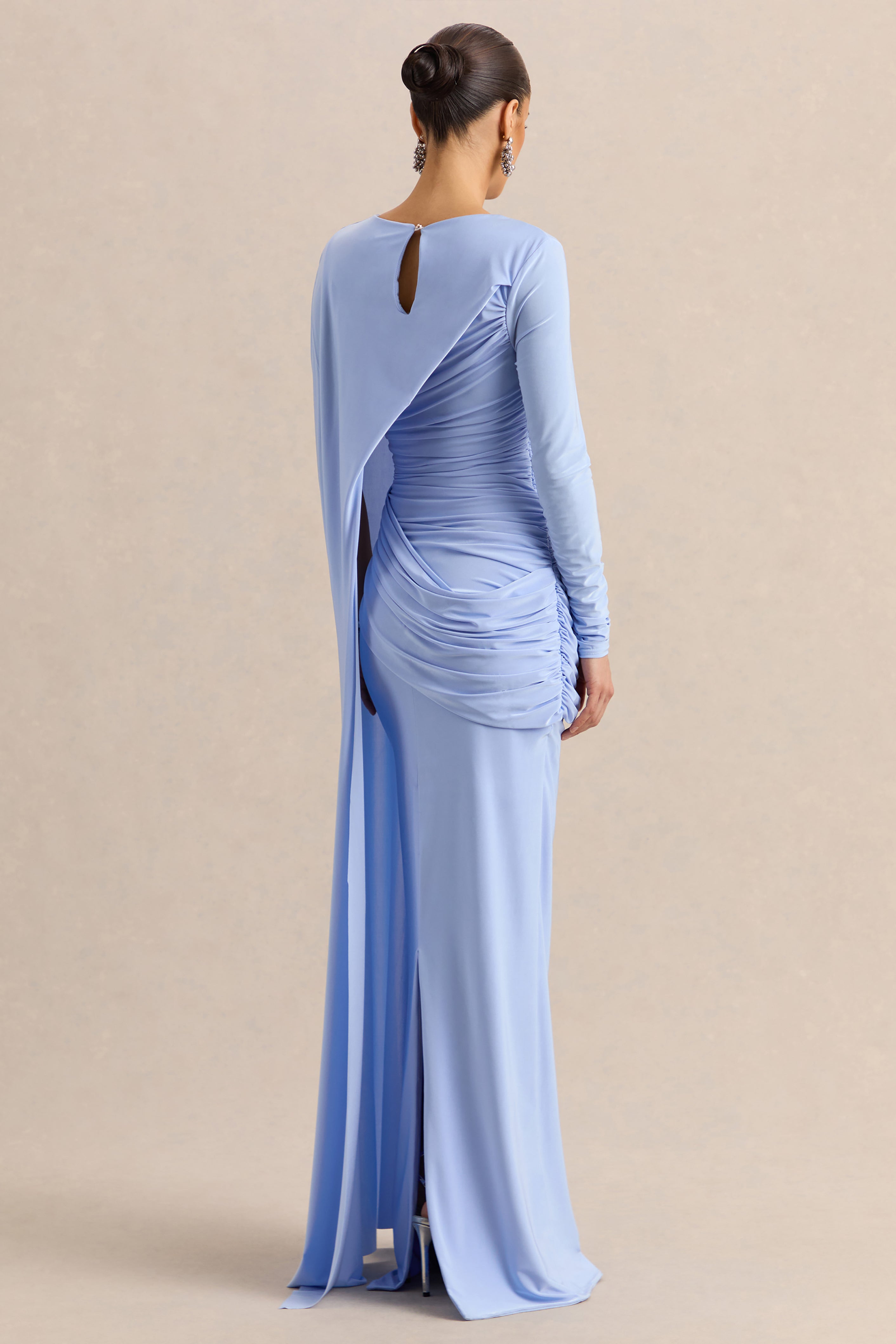 Orintha | Powder Blue Wide-Neck Maxi Dress With Cape And Gold-Detail