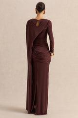 Orintha | Brown Slashed-Neck Maxi Dress With Cape And Gold-Detail