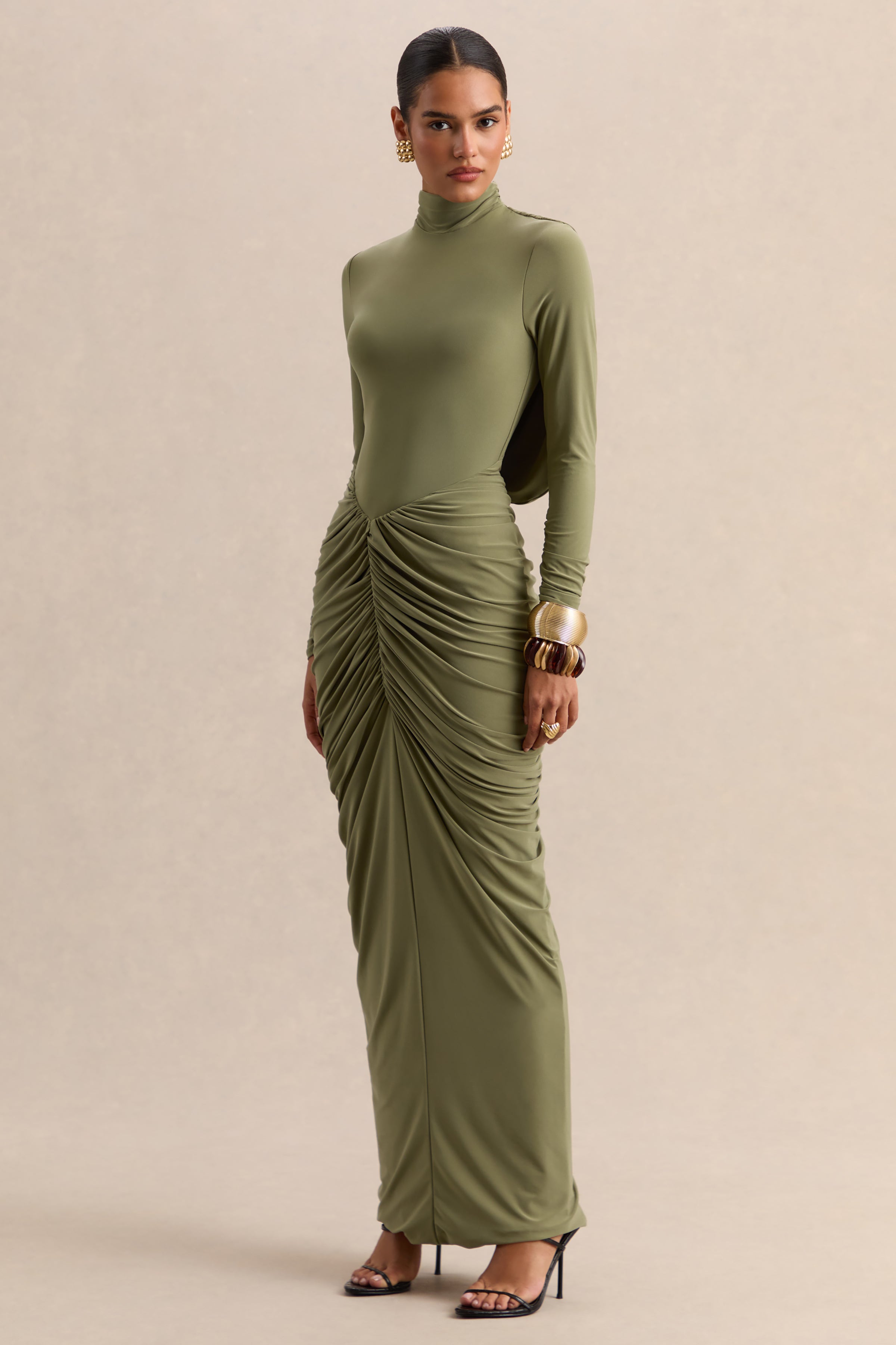 Harmona | Olive High-Neck Maxi Dress With Gathered And Draped-Detailing