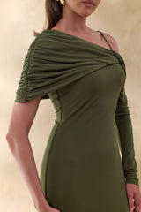 Silvaria | Olive Twisted Asymmetric-Neck Maxi Dress