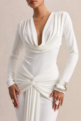 Palerma | White Draped Cowl-Neck Maxi-Dress With Gathered-Detailing