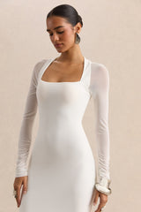 Fleurisia | White Square-Neck Maxi Dress With Mesh Long-Sleeves