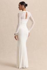 Fleurisia | White Square-Neck Maxi Dress With Mesh Long-Sleeves