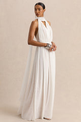 Rylina | White Mesh Halter-Neck Maxi Dress With Scarf And Open-Back