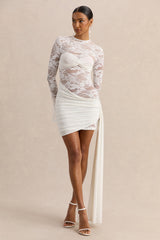 Milavia | White Lace Crew-Neck Mini Dress With Wrap & Sash Detail