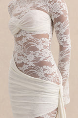 Milavia | White Lace Crew-Neck Mini Dress With Wrap & Sash Detail