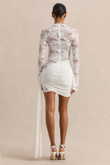 Milavia | White Lace Crew-Neck Mini Dress With Wrap & Sash Detail