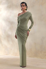 Rosirene | Olive Asymmetric-Neck Maxi Dress With Draped-Detailing