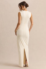 Blythia | Cream Round-Neck Maxi Dress With Gathered-Detailing