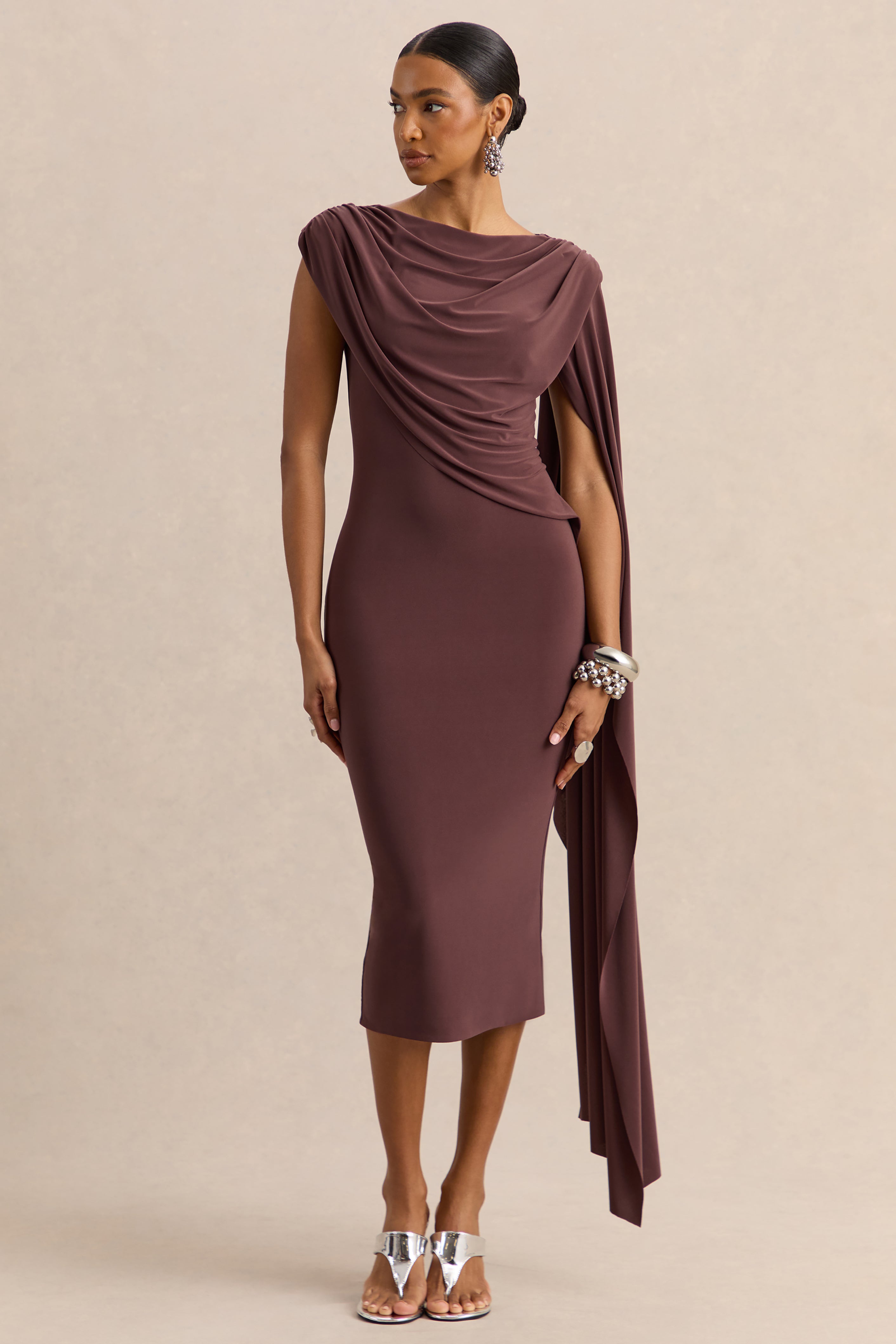 Kamoria | Brown Round-Neck Midi Dress With Cape-Sleeve