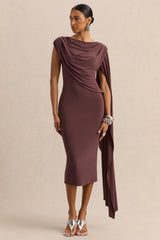 Kamoria | Brown Round-Neck Midi Dress With Cape-Sleeve