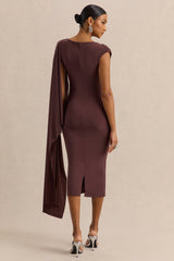 Kamoria | Brown Round-Neck Midi Dress With Cape-Sleeve