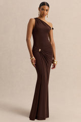 Caelia | Brown Asymmetric-Neck Maxi Dress With Gold-Detailing And Sash