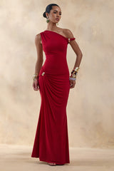 Caelia | Red Asymmetric-Neck Maxi Dress With Gold-Detailing And Sash